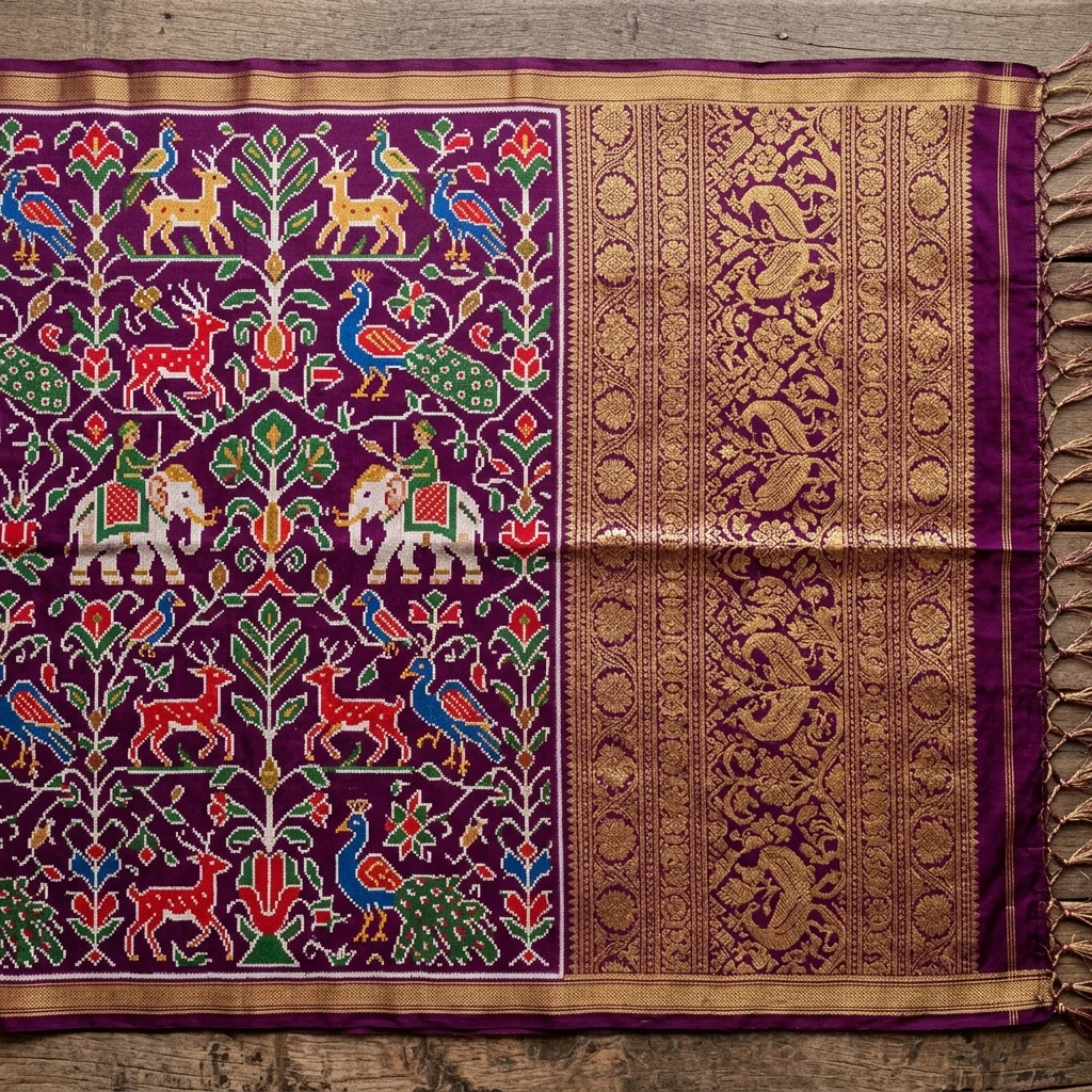 Royal Wine Shikargah Double Ikat Patola Saree